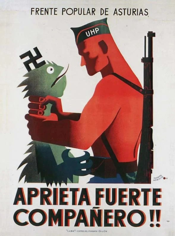 "Squeeze hard, comrade!!" Spanish civil war communist anti-Fascist poster . 1936
