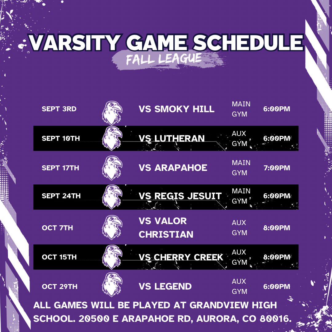 Varsity fall league will begin this Wednesday Sept 3rd at 6pm against Smoky Hill! All games will be played at Grandview High School! More information to come for fall league regarding different levels! 

| #WeAreDenverSouth | #ProtectTheNest |