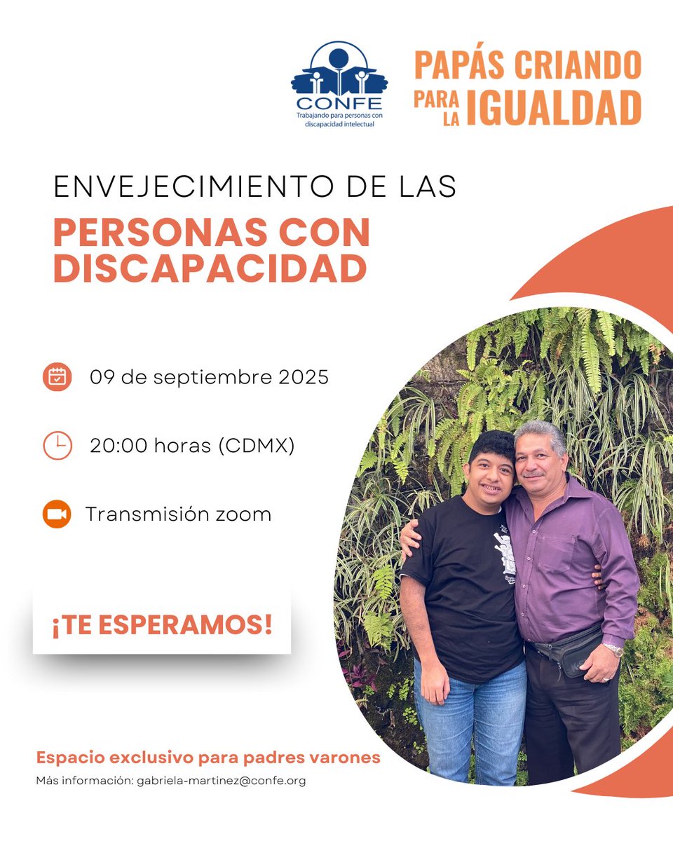 👨‍👧‍👦 Papás criando para la igualdad.
Únete a la charla: El envejecimiento de las personas con discapacidad.
🗓 09/09 | ⏰ 20:00 CDMX | 📍 Zoom gratuito
👉 Regístrate: us02web.zoom.us/.../register/_…