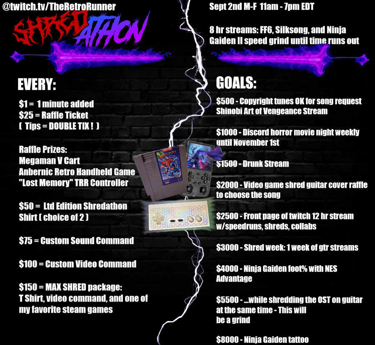 We will be starting Shredathon tomorrow, our subathon annual event! Here are the rulesets and incentives. I hope we can reach the Ninja Gaiden Foot% while shredding the ost incentive - Beat the game with my feet, on an NES advantage controller, and play guitar along with the ost!
