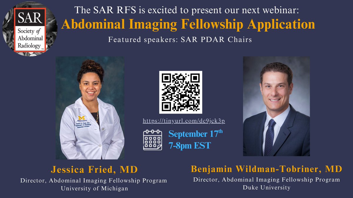 SAR Resident and Fellow Section (@sar_rfs) on Twitter photo 📣 Attention #RadRes !!!
- Mark your calendars for the next <a href="/SAR_RFS/">SAR Resident and Fellow Section</a> webinar happening 🗓️Sep 17th, ⏰7 pm EST.
- Gain valuable insights from Dr. Fried and Dr. Wildman-Tobriner to excel in your fellowship application! 📝💪
Link to join:
tinyurl.com/dc9jck3p 📣 Attention #RadRes !!!
- Mark your calendars for the next <a href="/SAR_RFS/">SAR Resident and Fellow Section</a> webinar happening 🗓️Sep 17th, ⏰7 pm EST.
- Gain valuable insights from Dr. Fried and Dr. Wildman-Tobriner to excel in your fellowship application! 📝💪
Link to join:
tinyurl.com/dc9jck3p