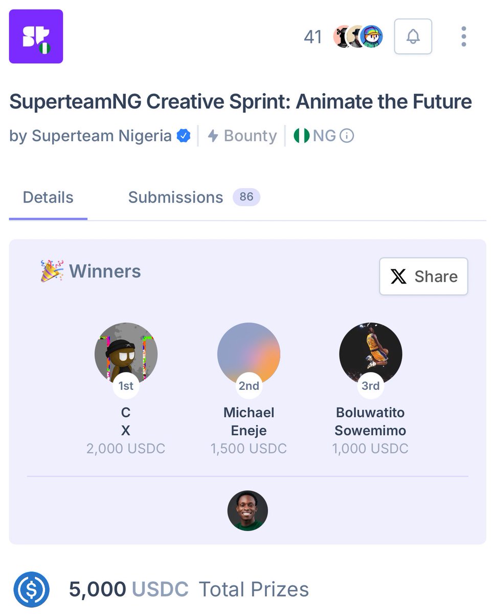 SuperteamNG's tweet image. Congrats to the winners of the SuperteamNG Creative Sprint: Animate the Future 🥳
🥇 CXDeGreat
X Submission - x.com/CXDeGreat/stat…
🥈 Michael Eneje
X Submission - x.com/akachigodhand/…
🥉 Boluwatito Sowemimo
X Submission - x.com/Ninja_xCGarts/…
4th - GREAT UKWUOMA
X…