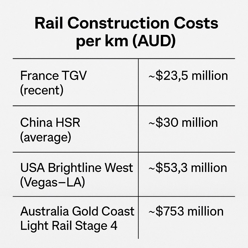 Light rail stage 4 on the Gold Coast estimated to cost 9.85 billion for 13km, or $753 million per km 

Here’s the cost of building in other countries per km.  We are 14 times higher than 2nd most expensive and it’s a bullet train from LA - Vegas. Why do you think that is?