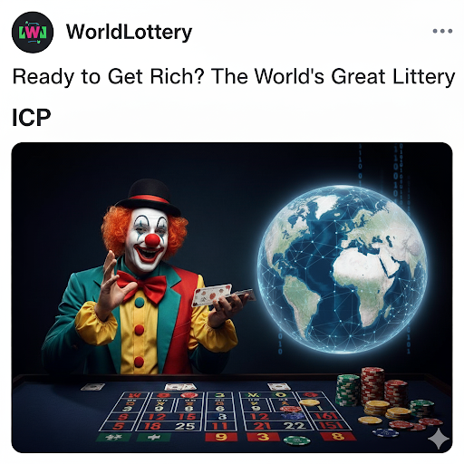 InsaneICPclown's tweet photo. WorldLottery on $ICP offers fair, transparent, and massive jackpots! Using ICP's VRF for provably random draws and full blockchain transparency, it's the future of decentralized gaming.
play games, buy $wlt, grow you winnings
https://t.co/XfkcKM5M3T
$WLT $EXE
#RANDSEED https://t.co/BPBZZ59Ls1