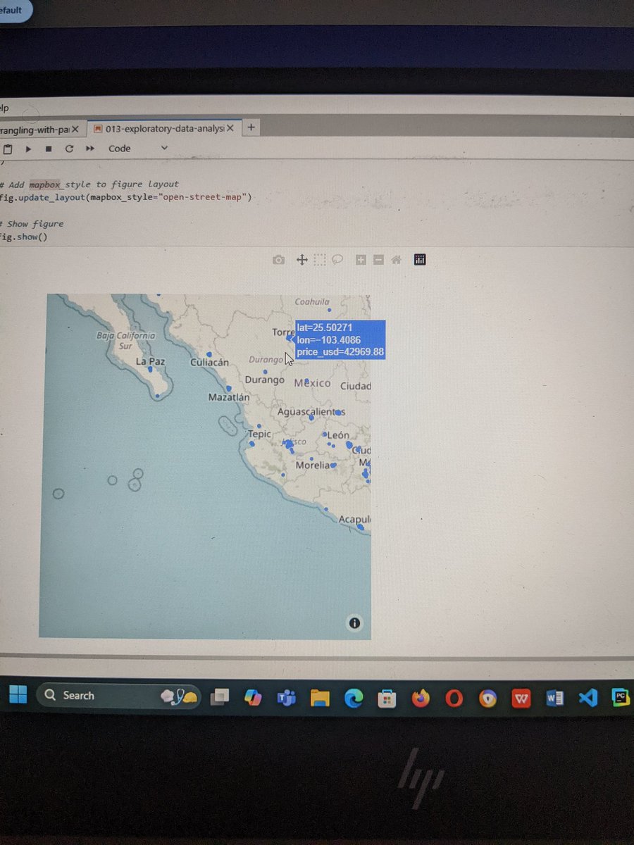 NwekeEzekiel10's tweet image. Day 6
Today I explored the Mexico housing dataset further 📊.
✅ Plotted the distribution of home sizes (most homes are on the smaller side).
✅ Created an interactive map with Plotly to visualize home prices across Mexico 🗺️.
#DataScience #WQU #ExploratoryDataAnalysis #Python