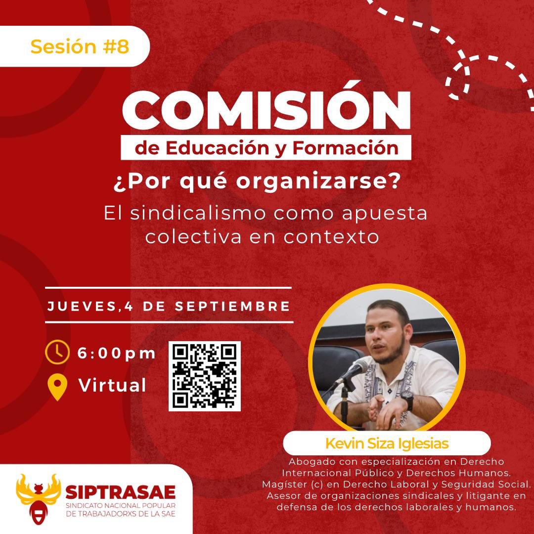 🔴 Sesión #8 Comisión de Educación y Formación

Organizarse es dar pasos firmes hacia la defensa de nuestros derechos ✊.
Este jueves conversaremos sobre el sindicalismo como apuesta colectiva en contexto, de la mano de Kevin Siza Iglesias, abogado y asesor de organizaciones
