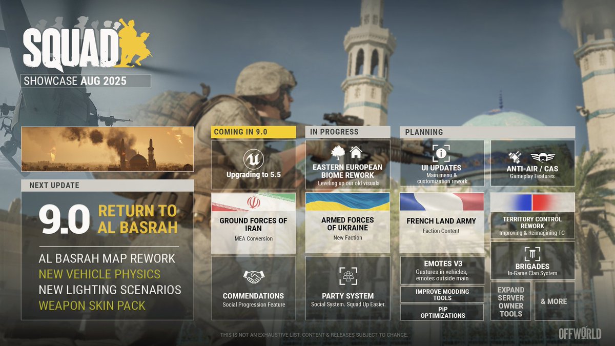 JoinSquad's tweet image. 🚀 Update v9.0 in Unreal Engine 5 launches SEPTEMBER 3! bit.ly/46boI8V

We’re excited to get it in your hands, set a new solid baseline for Squad, and keep shaping the game for the future. 

Here&apos;s a look at what&apos;s coming next! 👇 #devshowcase