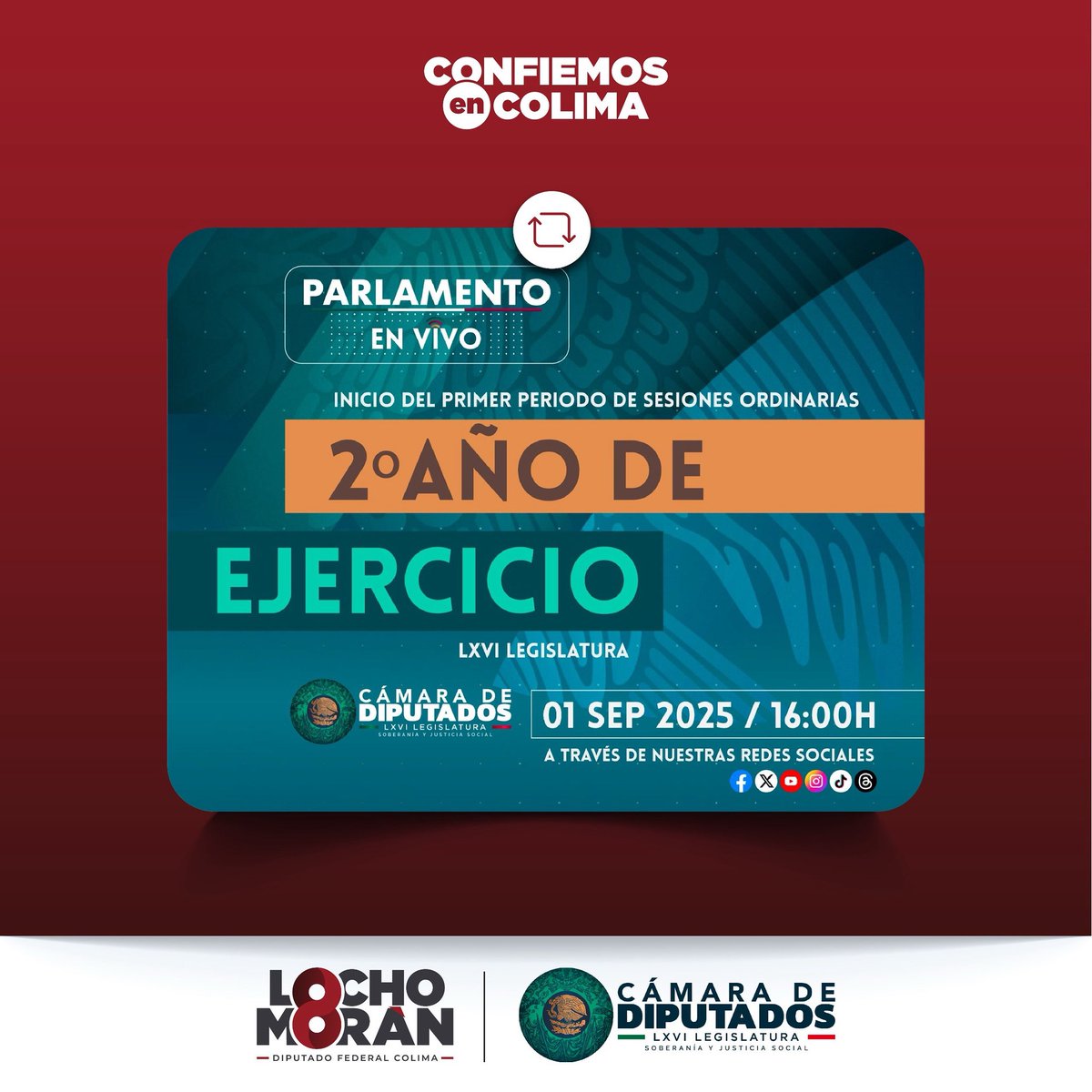 Hoy, 1 de septiembre, inicia el Periodo Ordinario de Sesiones en <a href="/Mx_Diputados/">H. Cámara de Diputados</a> 
Sigo trabajando con responsabilidad y compromiso por las y los mexicanos. Seguiremos con la #Transformación que nuestra nación necesita. #ConfiemosEnColima