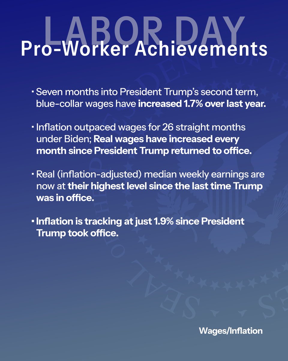 President Donald J. Trump stands for the American worker. 🇺🇸

 Wins: Wages are rising, inflation is falling.⬇️