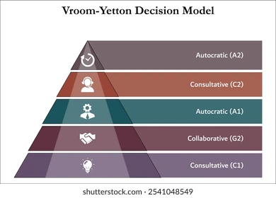 VROOM DECISION MODEL 

Alone A1) – leader decides alone.

Ask (A2) – ask info, still decide alone.

Consult One (C1) – consult individuals, decide.

Consult All (C2) – consult group, decide.

Group (G3) – decide together.