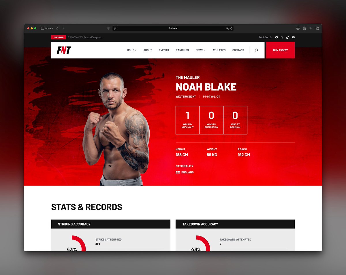 danfisher_dev's tweet photo. A sneak peek of a single athlete page for upcoming MMA WordPress theme. Ah, and it would be compatible with SportsPress, so all stats are calculated automatically 💪 

#MMA #UFC #FightClub #SportsPress https://t.co/3CEtazuotC