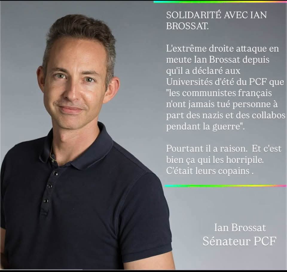 Section PCF de Roanne - Loire (@pcf_roanne) on Twitter photo La section PCF de Roanne tient à assurer <a href="/IanBrossat/">Ian Brossat</a> de son soutien indéfectible. Ces attaques contre notre porte-parole sont inacceptables.
Nous approuvons et confirmons ses propos : les communistes n'ont tué personne, à part des nazis et des collabos pendant la guerre. La section PCF de Roanne tient à assurer <a href="/IanBrossat/">Ian Brossat</a> de son soutien indéfectible. Ces attaques contre notre porte-parole sont inacceptables.
Nous approuvons et confirmons ses propos : les communistes n'ont tué personne, à part des nazis et des collabos pendant la guerre.
