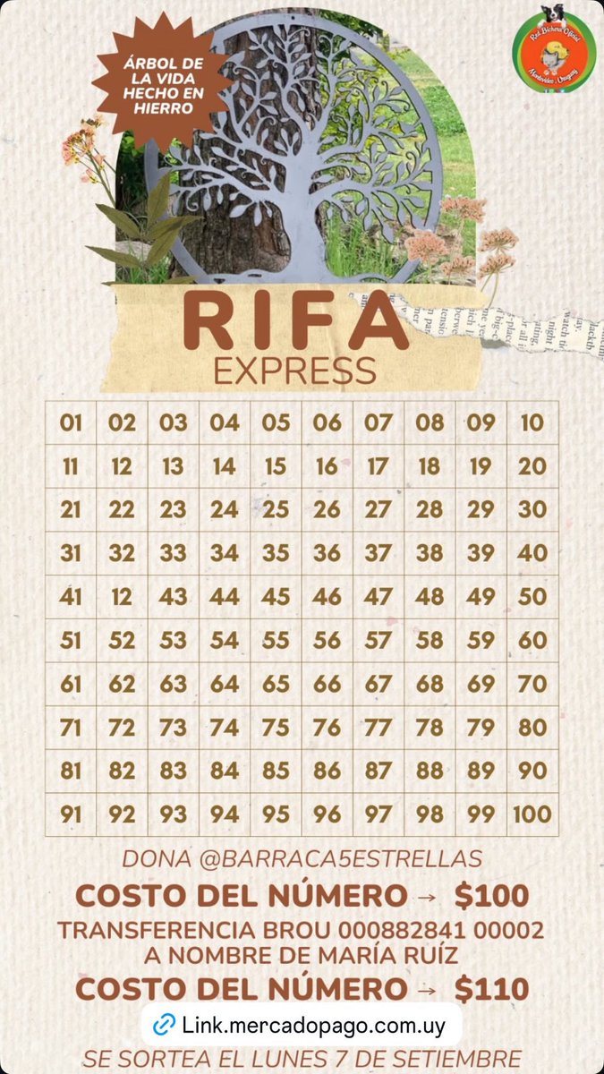 🎟️ ¡RIFA EXPRESS SOLIDARIA!🎟️
para poder cubrir todos los gastos que venimos teniendo con nuestros rescataditos 🐾.
📌 Valor  $100
💳 Podés colaborar a través de Mercado Pago: link.mercadopago.com.uy/caseconomicas
💳Transferencia: 📲MI DINERO-7145886 📦 $-Giannina Ruiz.
📲 BR0U 000882841 00002
