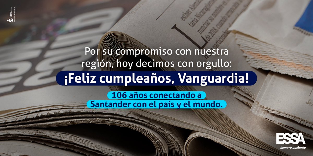 ESSA | Grupo EPM (@essagrupoepm) on Twitter photo 🎉👏 Hoy nos unimos a la celebración de <a href="/vanguardiacom/">Vanguardia</a> y aplaudimos el rigor, la cercanía y la calidad en la información que han caracterizado a este medio durante 106 años.
¡Feliz cumpleaños!
#106AñosDeVanguardia #OrgulloSantandereano 🎉👏 Hoy nos unimos a la celebración de <a href="/vanguardiacom/">Vanguardia</a> y aplaudimos el rigor, la cercanía y la calidad en la información que han caracterizado a este medio durante 106 años.
¡Feliz cumpleaños!
#106AñosDeVanguardia #OrgulloSantandereano