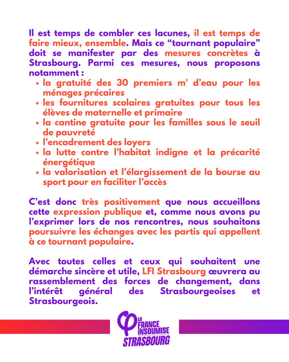 À #Strasbourg, 4 partis issus de la majorité appellent à un tournant populaire, pointant les faiblesse du mandat de J. barseghian.
ll est temps de dépasser les constats et de proposer des moyens d'agir concrètement  pour #FaireMieux, ensemble. 
Notre communiqué ici <a href="/StrasbourgFI/">France Insoumise Strasbourg</a>