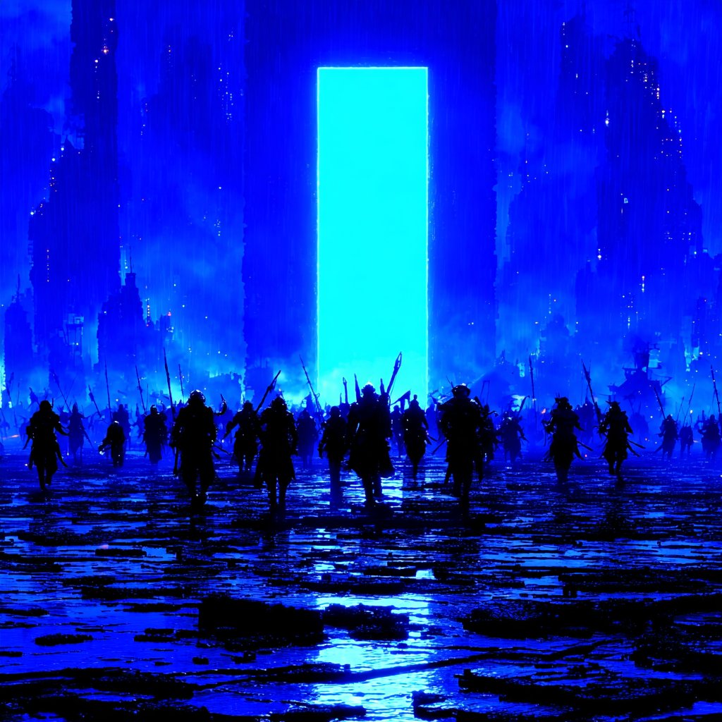 科幻武士向着发光传送门行进，象征迈入加密 AI 的未来