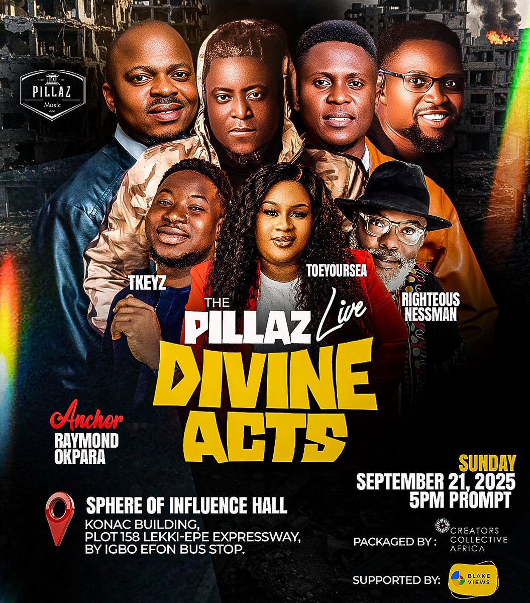 thepillaz's tweet photo. We are Almost there •
#DivineActs with @thepillaz 
On Sunday Sept 21st by 5pm •
Sphere of influence Hall
Konac Building plot 158 lekki epe expressway Egbo efon lekki Lagos •
Feat @iamrighteousman @ToeyourseaMusic @Tkeyzmusic 
Anchor: Raymond Okpara •

#goepel #concert https://t.co/6sS0fyZwyH