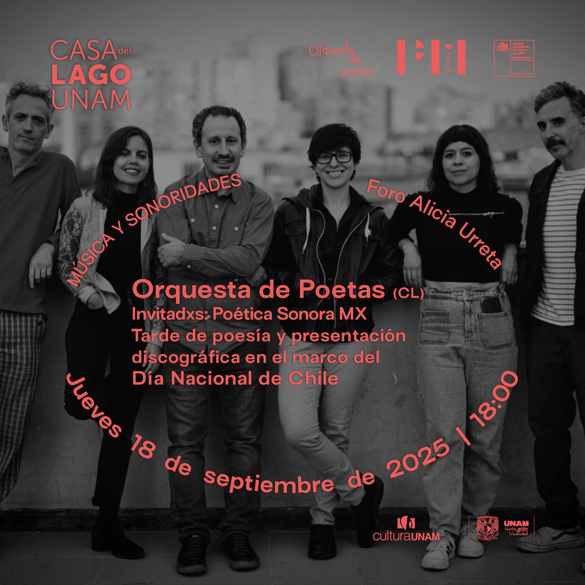 El colectivo de experimentación poético-musical Orquesta de Poetas (CL) presentará su quinto álbum, Todas Voces (Discos PM, 2024), en el Foro Alicia Urreta de Casa del Lago UNAM. Este concierto especial contará con la participación del colectivo mexicano Poética Sonora MX.