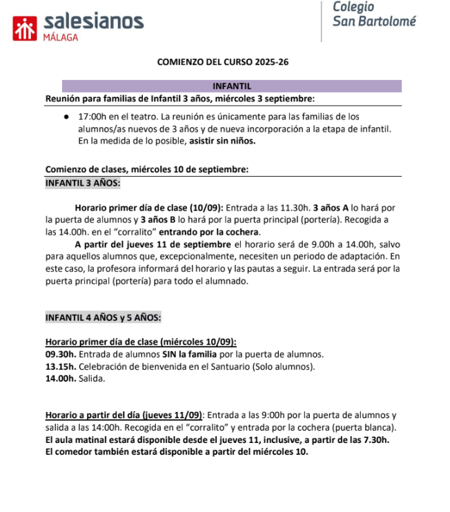 SalesianosMLG's tweet photo. #InfantilyPrimaria | 🔴INFORMACIÓN IMPORTANTE.

¡Empezamos con las etapas de Infantil y Primaria! 😍

En las siguientes imágenes, se adjunta información actualizada sobre los horarios de los primeros días en las etapas de Educación #Infantil y Educación #Primaria. 👏 https://t.co/X6lRsk7lqW