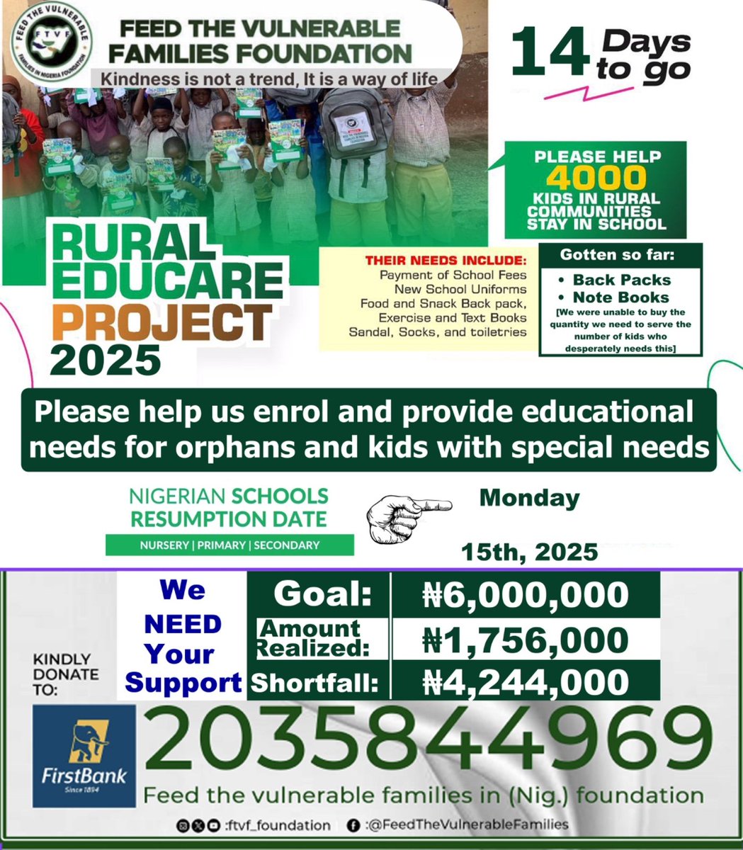 A new academic session beckons. Some kids are happy, but millions of orphans &amp; kids with special needs would still:

➡️ Wear tattered school uniforms
➡️ Go to school without breakfast
➡️ Be sent back home because they have not paid their fees

2035844969
First Bank

Kindly donate