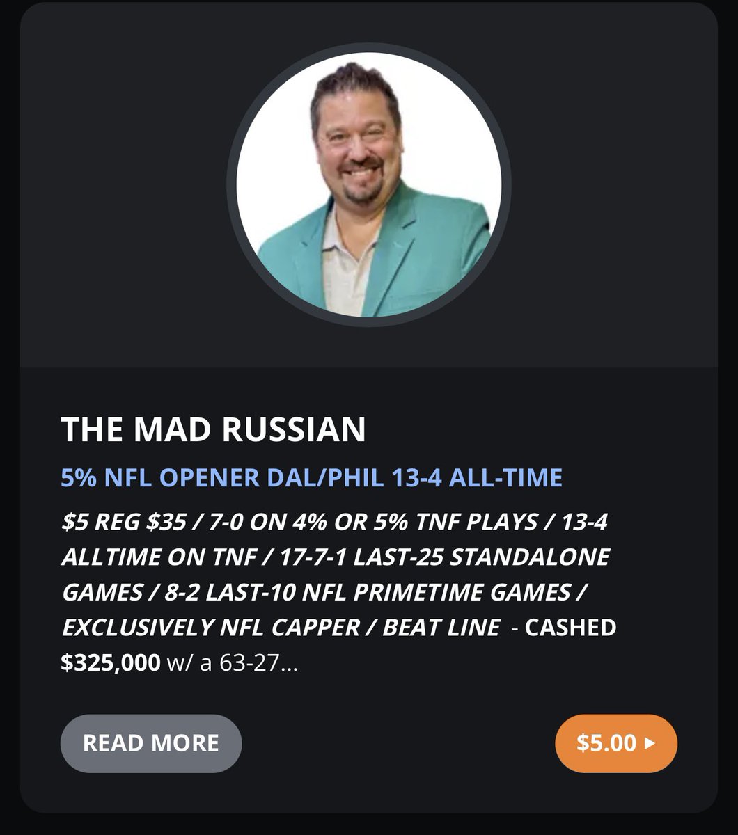 MadRussianNFL's tweet image. NFL Season Opener Cowboys at Eagles.  My Top 5% Pick of the Week just $5 (Reg $35)
- 13-4 All-Time on TNF
- 17-7-1 Last 25 Standalone Games
- 8-2 Last 10 NFL Primetime Games
- Exclusively NFL Handicapper
To purchase go to: TheMadRussian.com
Honored by support! @WagerTalk