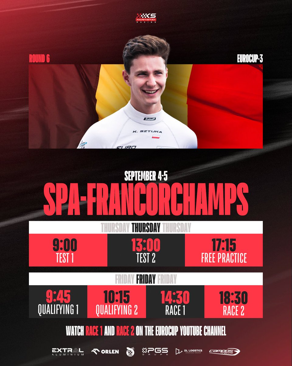 Kacper Sztuka Racing (@kacper_sztuka) on Twitter photo Aktualizacja harmonogramu na ten weekend, który zaczniemy wyjątkowo w... czwartek o 9:00 😎🔥🇧🇪
#ElevenF1 #F1PL #Eurocup3
🔴 <a href="/GrupaORLEN/">ORLEN</a> <a href="/TeamORLEN/">ORLEN Team</a>
🟢 Extral Aluminium
🟡 Grupa Polskie Górnictwo Skalne
⚫️ DL Logistics
🟠 <a href="/CamposRacing/">Campos Racing</a> Aktualizacja harmonogramu na ten weekend, który zaczniemy wyjątkowo w... czwartek o 9:00 😎🔥🇧🇪
#ElevenF1 #F1PL #Eurocup3
🔴 <a href="/GrupaORLEN/">ORLEN</a> <a href="/TeamORLEN/">ORLEN Team</a>
🟢 Extral Aluminium
🟡 Grupa Polskie Górnictwo Skalne
⚫️ DL Logistics
🟠 <a href="/CamposRacing/">Campos Racing</a>