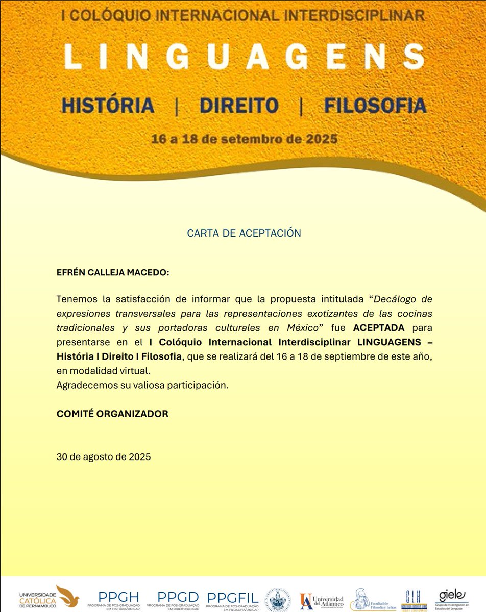 🎓 Nos honra participar con 3 trabajos en el I Coloquio Internacional Interdisciplinario LENGUAJES – Historia | Derecho | Filosofía #México #Brasil (16-18 sept 2025)
📅 Presentamos el 17 de septiembre a las 13h #Brasilia 🔗 Registro: forms.office.com/r/Q0oUkK3XWYu
#Investigación #lupus