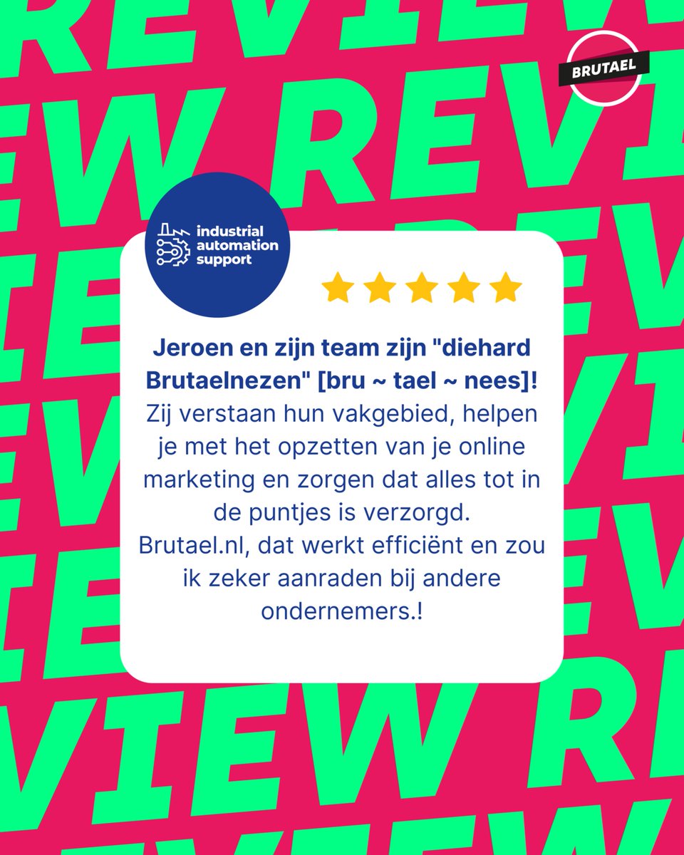 Wij noemen het zelf gewoon BRUTAEL. service, maar onze klanten noemen ons "diehard Brutaelnezen"😏💥

Altijd scherp, altijd to the point en altijd met resultaat. 🚀
Dank voor de dikke review! 👊

👉 Ook jouw online marketing next level brengen Check brutael.nl