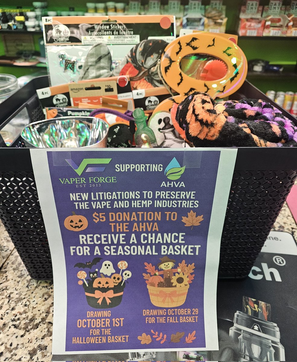 VaperForge's tweet image. 🎃🍂 Support the Cause &amp;amp; receive a chance for a Seasonal Basket! 🍂🎃

Vaper Forge is proud to support the Alabama Hemp &amp;amp; Vape Association (AHVA) as they move forward with preserving the vape and hemp industries here in Alabama. 💪

When you donate just $5 to the AHVA, you’ll be…