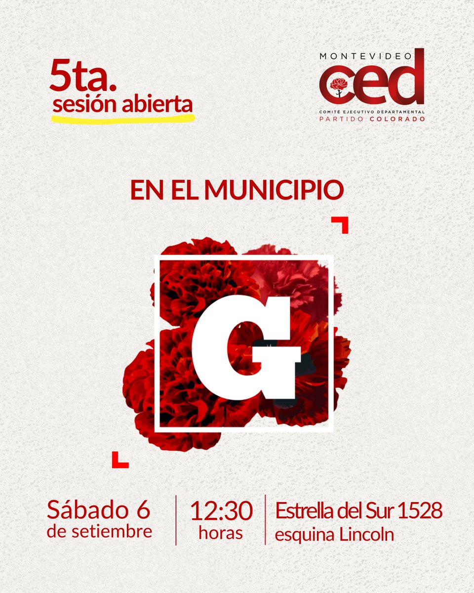 📢 5ta. Sesión Abierta del CED Montevideo.
Este sábado 6 de septiembre, a las 12:30h, nos reunimos en el Municipio G para seguir trabajando por Montevideo y el Partido Colorado.
📍 Estrella del Sur 1528 esq. Lincoln.

🟥 ¡Te esperamos para intercambiar ideas y construir juntos!