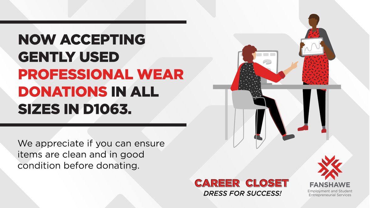 We’re accepting donations of professional clothing in all sizes for our Career Closet. If you have gently used business attire, drop it off at London Campus, Room D1063. Your donation helps students look their best for interviews and career events!