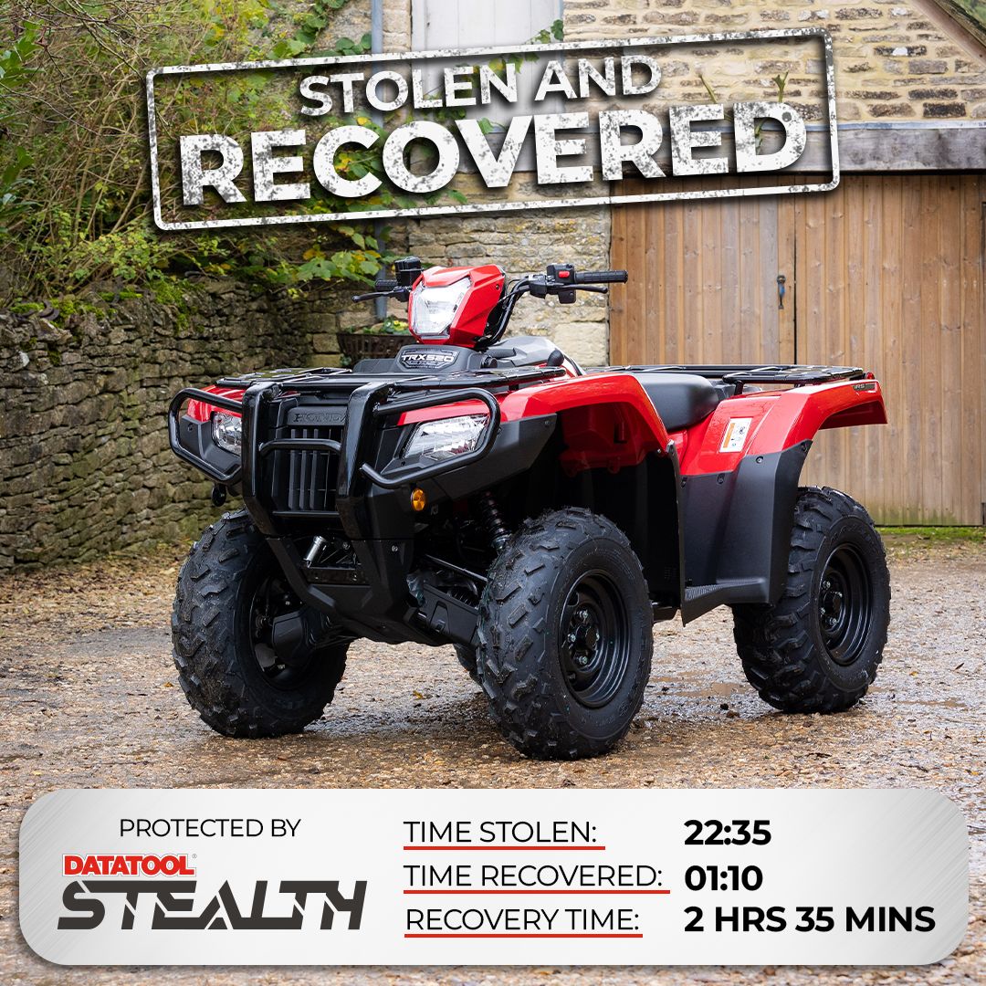 datatool's tweet image. Another ATV successfully recovered! 🚨

This customer's Honda ATV was reported as stolen to our 24/7 Vehicle Recovery Specialist team at 10:35 PM. After working with the police to locate the vehicle, this was confirmed as recovered at 01:10 AM and returned to the customer.