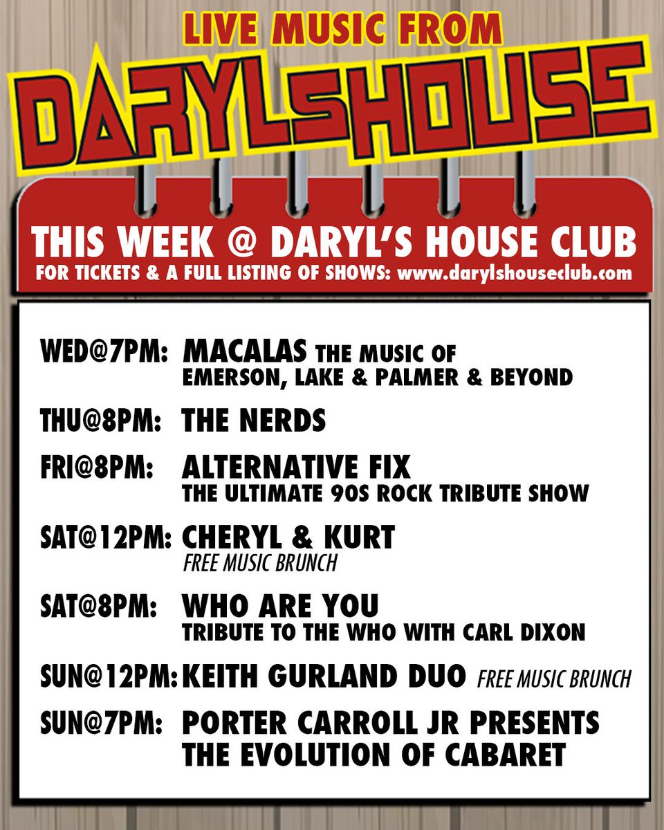 DarylsHouseClub's tweet photo. GET TICKETS ON OUR WEBSITE SHOWS PAGE!
#macalas #elptribute #thenerds #alternativefix #cherylandkurt #whoareyou #tributetothewho #keithgurlandduo #portercarrolljr #darylshouseclub https://t.co/eE2AlVyLkv