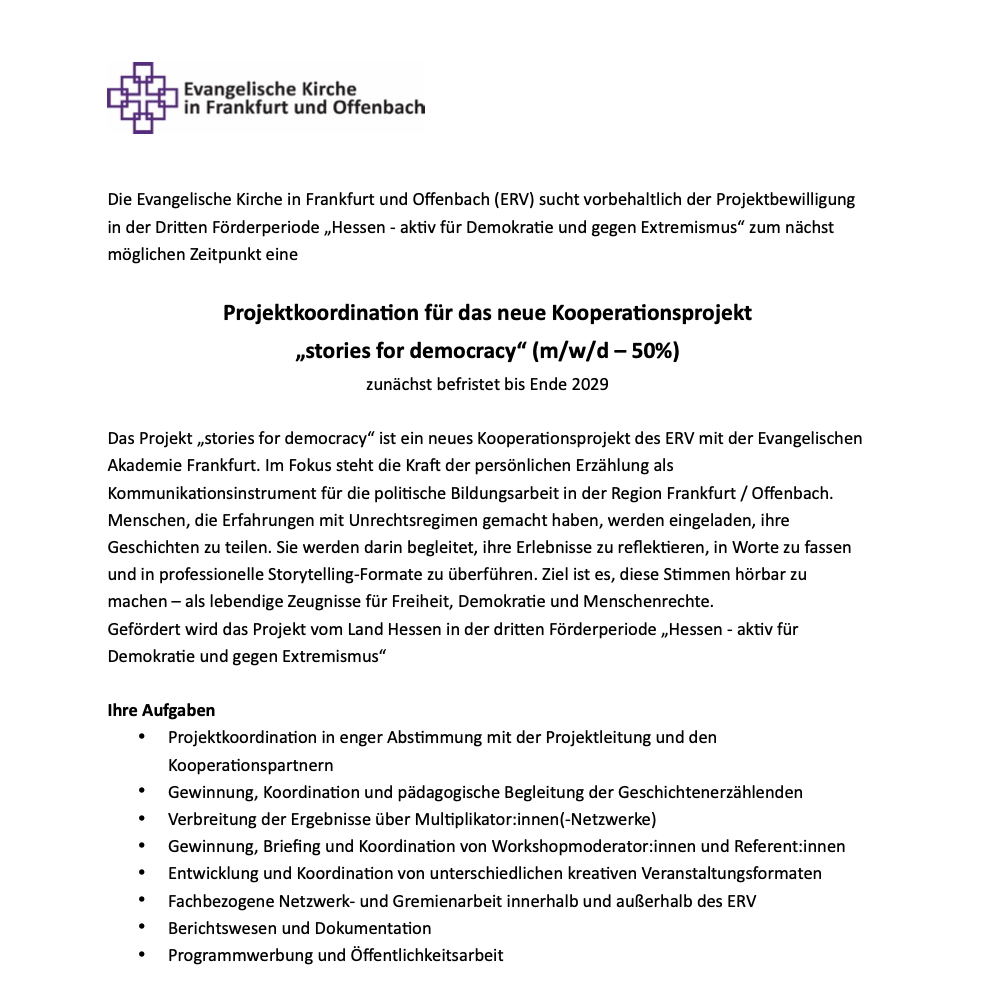 📣 Evangelische Kirche in Frankfurt und Oﬀenbach (ERV) sucht Projektkoordination für das neue Kooperationsprojekt „stories for democracy“ (m/w/d – 50%) | #Frankfurt a.M.

📅 Frist: 21. September 2025

➡️kultweet.de/jobs/ERV_Proje…

#Job #Stellenausschreibung