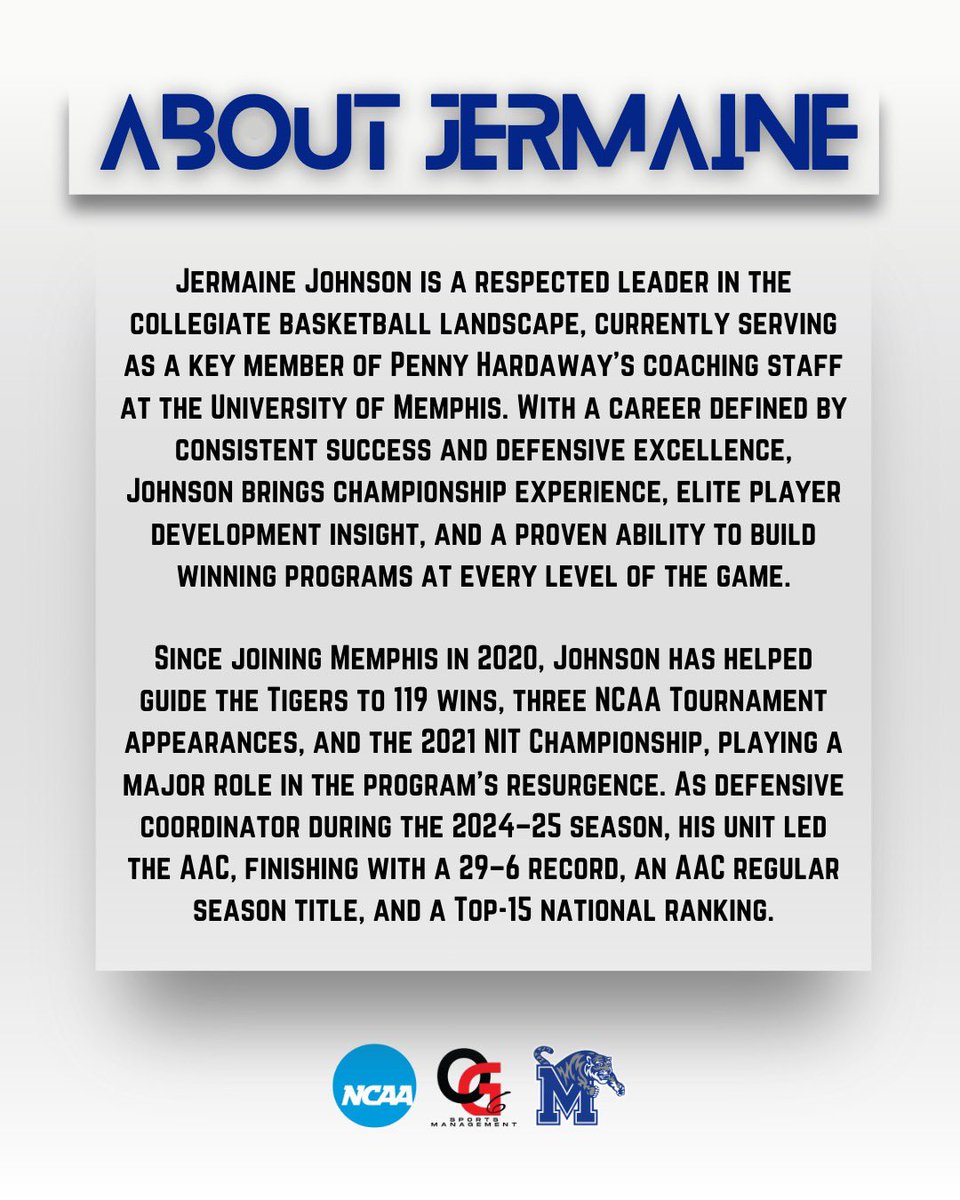 OG6_SM's tweet photo. We are extremely excited and honored to announce Coach Jermaine Johnson ( @iamcoachjj ), to the #OG6FAMILY !! 📋🏀💙
•
•
•
#og6family #og6sportsmanagement #coach #memphistigers #memphismbb #ncaabasketball #ncaambb #assistantcoach https://t.co/6S3ctrZKgu