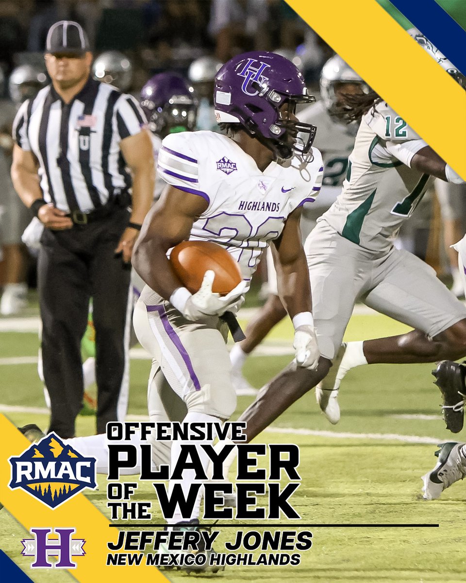 𝙏𝙝𝙚 𝙍𝙈𝘼𝘾 𝙊𝙛𝙛𝙚𝙣𝙨𝙞𝙫𝙚 𝙋𝙡𝙖𝙮𝙚𝙧 𝙤𝙛 𝙩𝙝𝙚 𝙒𝙚𝙚𝙠!

Jeffery Jones, New Mexico Highlands' freshman running back! 

Story &gt; rmacsports.org/news/2025/9/1/…

#EverythingElevated | <a href="/NMHUFootball/">NMHU Football</a>