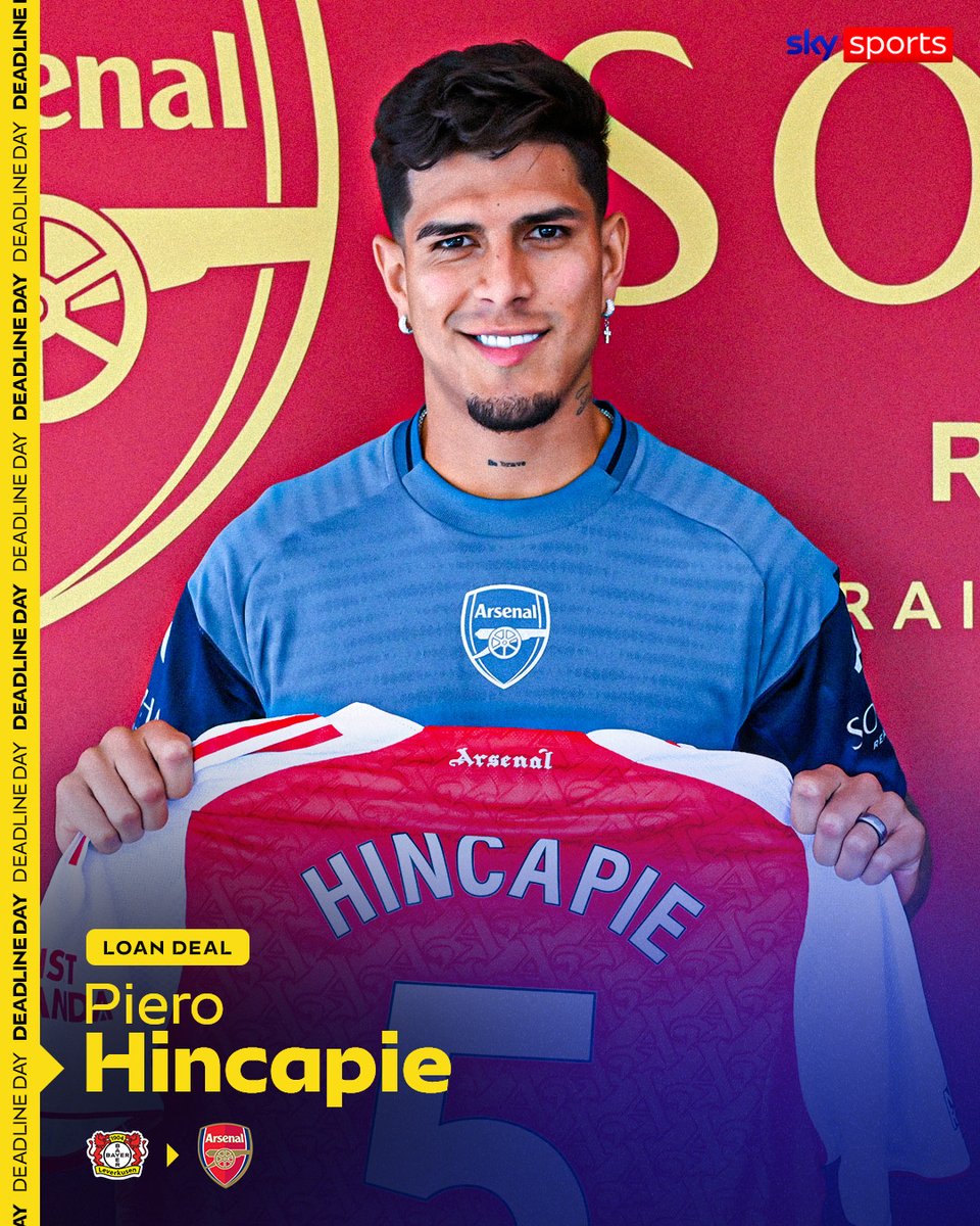 Arsenal have announced the signing of Piero Hincapie on a season-long loan from Bayer Leverkusen, with an option to buy for £45m 🔴