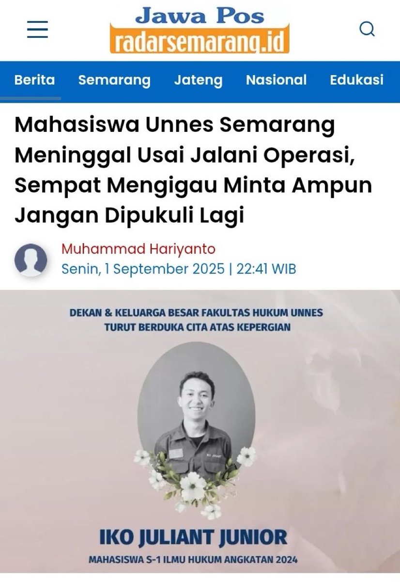 Innalillahi… 😪
Satu Lagi Anak Bangsa meninggal stelah Terjadi Bentrok dgn Aparat.. 

Masih Kurang kah Pak <a href="/prabowo/">Prabowo Subianto</a> ⁉️🧐