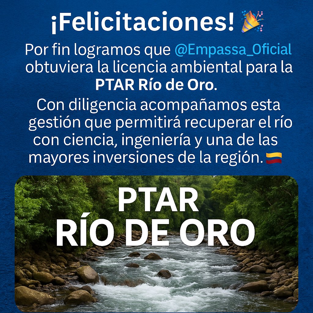 Jaime Durán Barrera (@jaimeduranbar) on Twitter photo ¡Felicitaciones! 🎉 Por fin logramos que <a href="/Empassa_Oficial/">EMPAS S.A.</a> obtuviera la licencia ambiental para la PTAR Río de Oro. Con diligencia acompañamos esta gestión que permitirá recuperar el río con ciencia, ingeniería y una de las mayores inversiones de la región. 🌊 ¡Felicitaciones! 🎉 Por fin logramos que <a href="/Empassa_Oficial/">EMPAS S.A.</a> obtuviera la licencia ambiental para la PTAR Río de Oro. Con diligencia acompañamos esta gestión que permitirá recuperar el río con ciencia, ingeniería y una de las mayores inversiones de la región. 🌊
