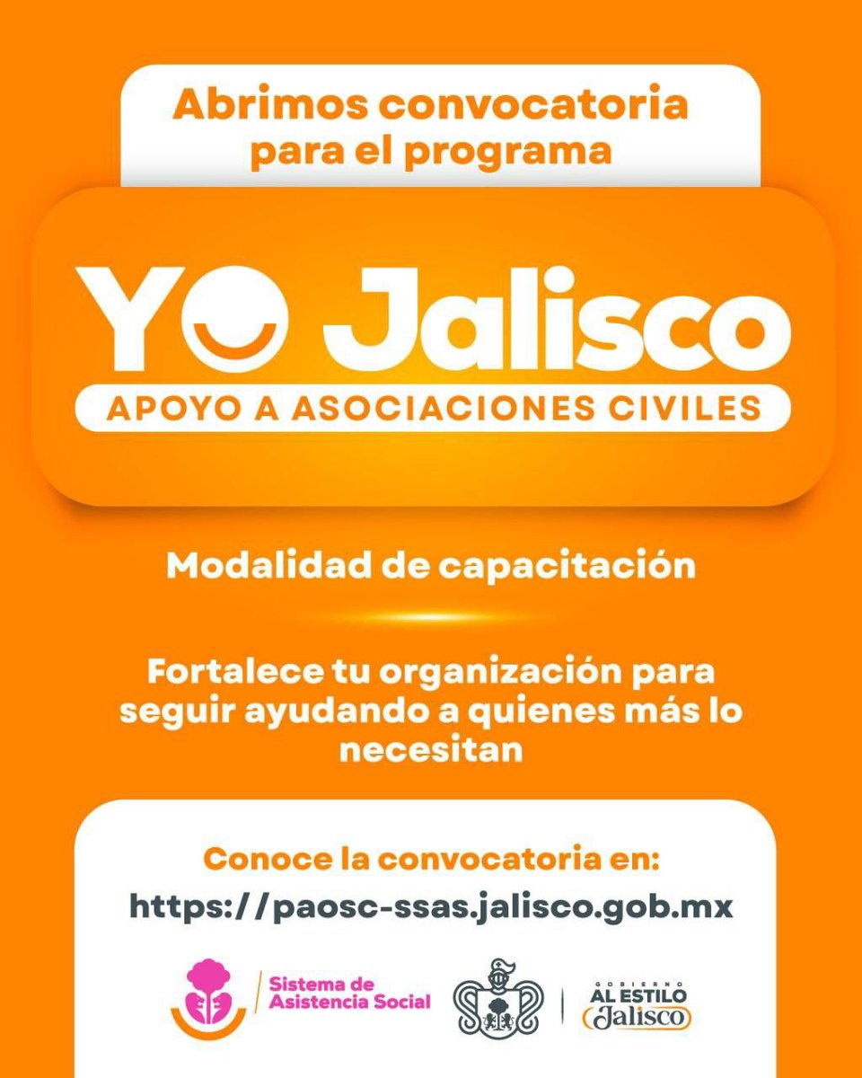 OscComite's tweet photo. 📢 ¡Convocatoria abierta!
Con Yo Jalisco, apoyo a asociaciones civiles 🧡 fortalecemos a las asociaciones civiles que trabajan por el bienestar de quienes más lo necesitan.
👉 Modalidad de capacitación para impulsar sus capacidades.
Participa aquí: https://t.co/Oo107jjVwm https://t.co/tZYuyXzJXr