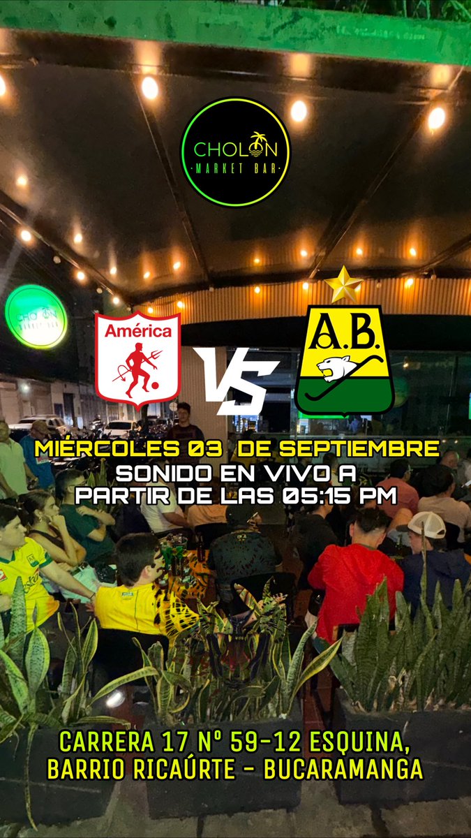 <a href="/cholonbga/">CHOLÓN MARKET BAR</a> 🔜  Octavos de final partido de vuelta de Copa; Miercoles 03 de Septiembre a partir de las 05:15 pm; América de Cali 🔴🔴 Vs ATLETICO BUCARAMANGA🟡🟢 🐯🐆🔰 🇬🇫 
Ubicación:
📍Carrera 17 # 59-12 Esquina, barrio Ricaurte 
#atleticobucaramanga #ciuddadbonita #Bucaramanga