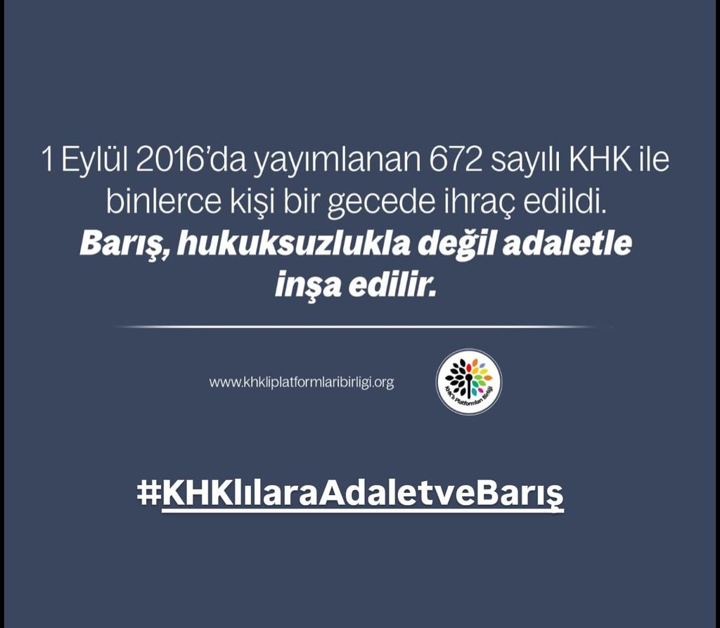 9 yıl önce bugün çıkarılan 672 sayılı KHK ile 50 bin 875 kamu personeli ihraç edildi. İnsanların tüm kazanılmış hakları ellerinden alındı. Bir gecede işsiz, aşsız, geleceksiz bırakıldı.
Adalet gelmeden barış olmaz. 

#KHKlılaraAdaletveBarış