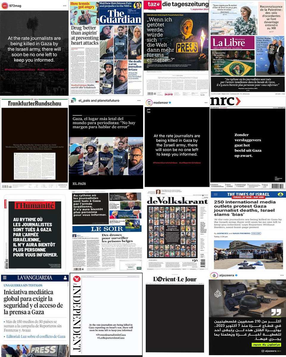 Israel has killed over 220 Palestinian journalists in #Gaza &amp; imposed a complete media blackout for 23 months.

Those who turn off the lights are afraid of what we might see.

Reporters Without Borders &amp; 250+ media outlets from 70+ countries demand protection &amp; access  <a href="/RSF_inter/">RSF</a>