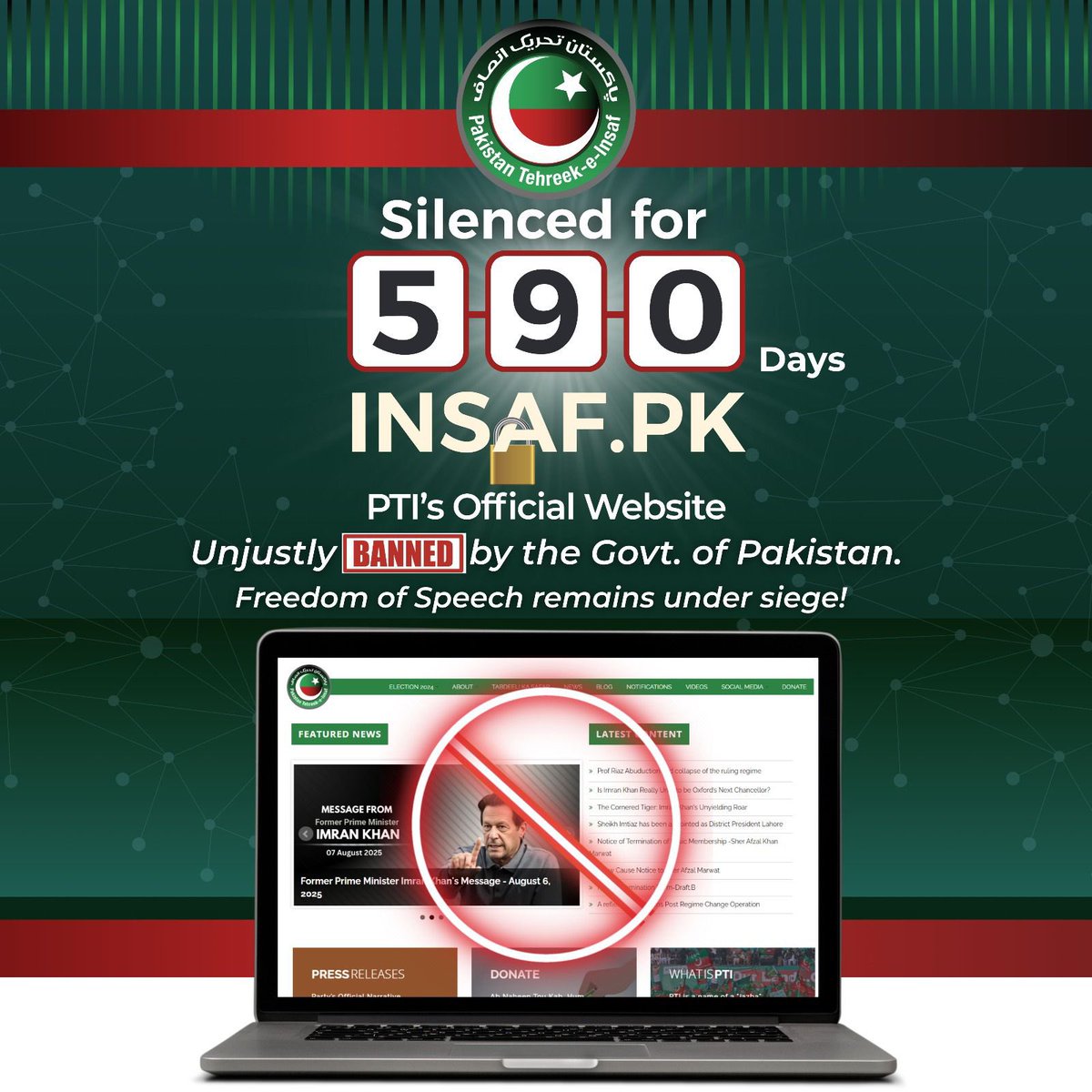 PTIOfficialCA's tweet photo. The PTI official website has been silenced for 590 days by the government of Pakistan. 

The authoritarianism in plain sight, is reflective of the level of censorship and oppression the most popular party has been subjected to, since it’s ouster through a regime change operation in April 2022!
@amnestysasia @hrw @StudentsforPak 

#PakistanUnderFascism