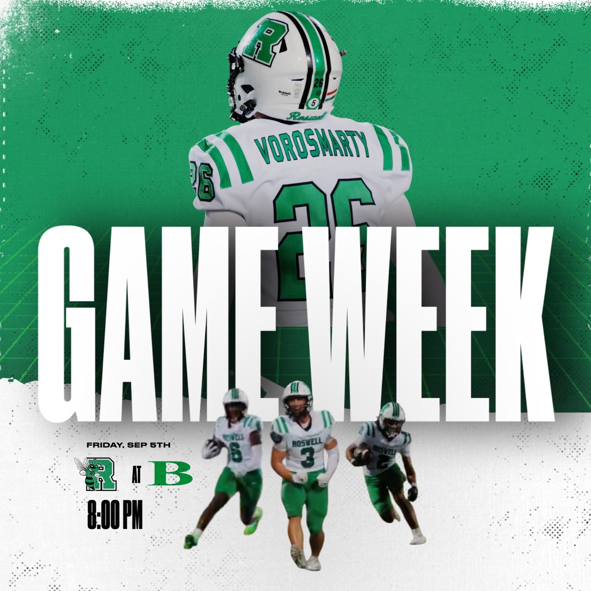 It's GAME WEEK! Join #Team76 on the road this Friday as your Hornets take on Buford!
 #WIN 
#RoswellStrong

🗓️ Friday, September 5th
⏰ 8:00 PM
📍 Buford High School