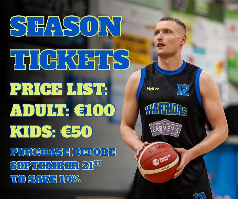 🔥 SEASON TICKETS ON SALE NOW! 🔥

The countdown to tip-off has begun – don’t miss a moment of the action this season with the Warriors! 💙💚🖤🏀

🎟️ Early Bird Special – 10% OFF!

Adults: €100
Kids: €50
👉 Get yours now at traleewarriors.com

#TraleeWarriors