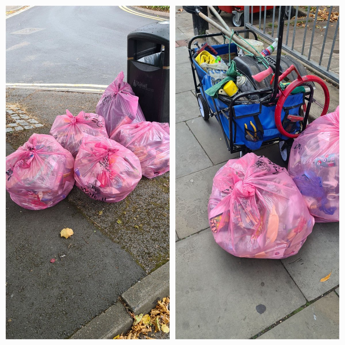 These 7 bags collected in Walsall Town centre on Saturday. I took my  work trolley as usual for Town centre cleans with graffiti cleaners and tools brushes etc