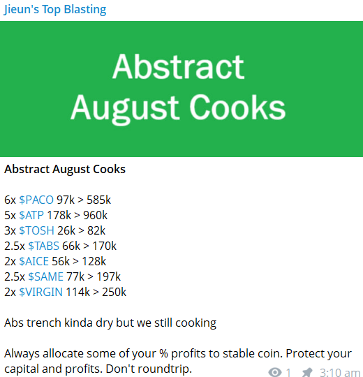 August ghost month, dry market and still cooking. Don't fade <a href="/pudgypenguins/">Pudgy Penguins</a> <a href="/AbstractChain/">Abstract</a> ecosystem. You're still early.

For multichain alpha check out <a href="/NiftyShield/">NiftyShield</a> and <a href="/Jellycubes_nft/">Jellycubes</a> two of my favorite servers. 💚

Feel free to join my TG channel
t.me/JieunTopBlast