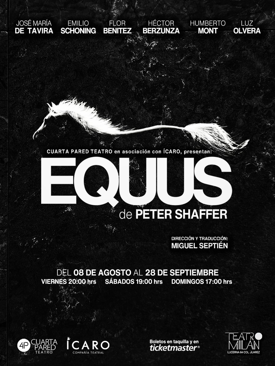 ¿Y tú, ya viste #Equus o te la vas a perder?

📅 Viernes 8:00 p.m. Sábado 7:00 p.m. Domingo 5:00 p.m.
🎭 Teatro Milán
🎟️ Taquilla y bit.ly/45s2Kie