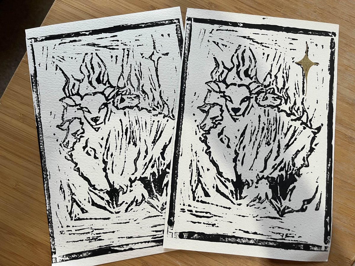 SALEMSLEEPY WHEELCHAIR FUND!  
NEW PRINTS IN STOCK. UK ONLY   
I made lino prints of my three-headed sheep! 
Original black and white and gold star editions available (with the gold stars being better than the example shown haha) 
 ko-fi.com/s/b723f15574
#artistsontwitter